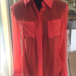 David peck orange silk chiffon sheer blouse SZ S